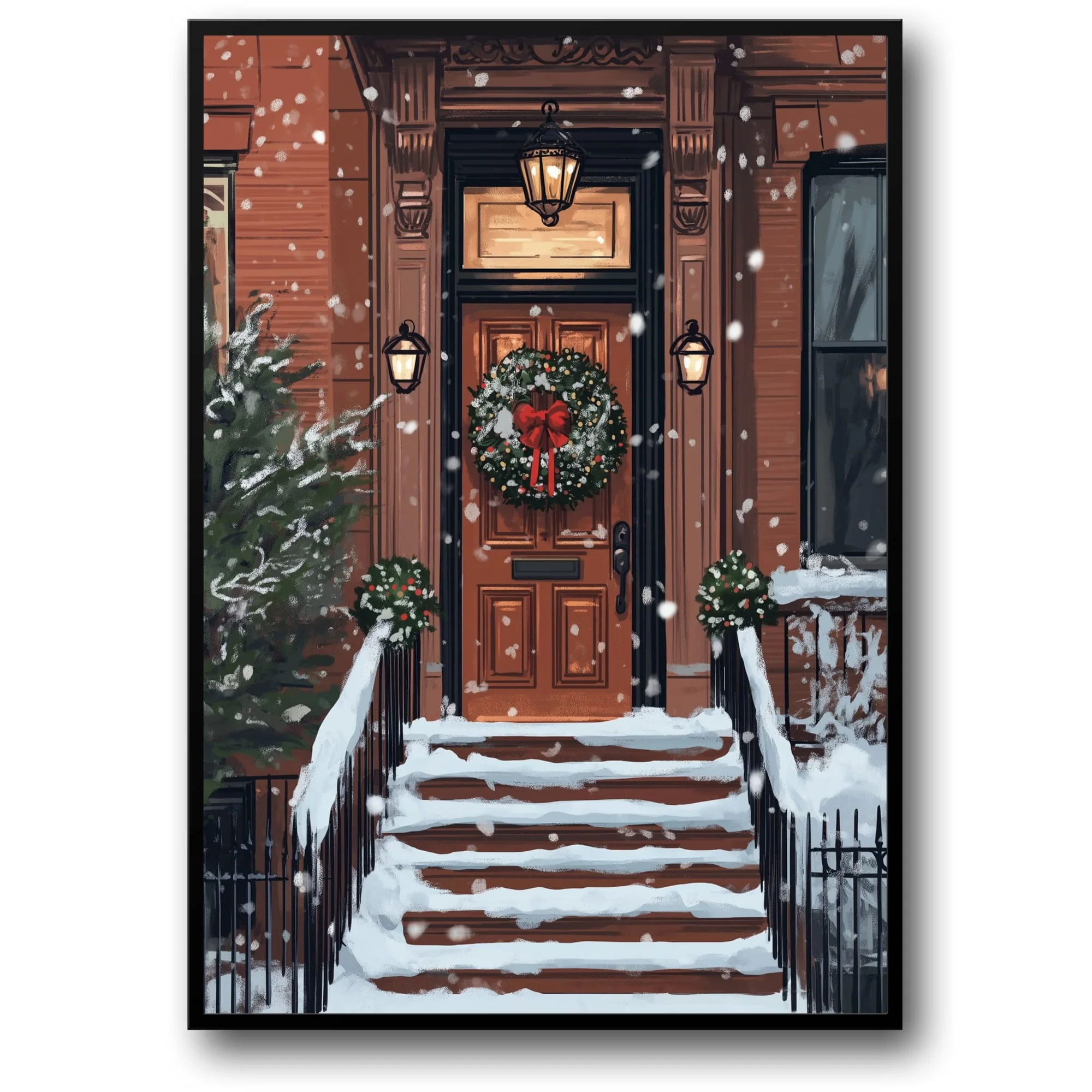 Charming Snowy Brownstone Porch | Cozy Winter Scene