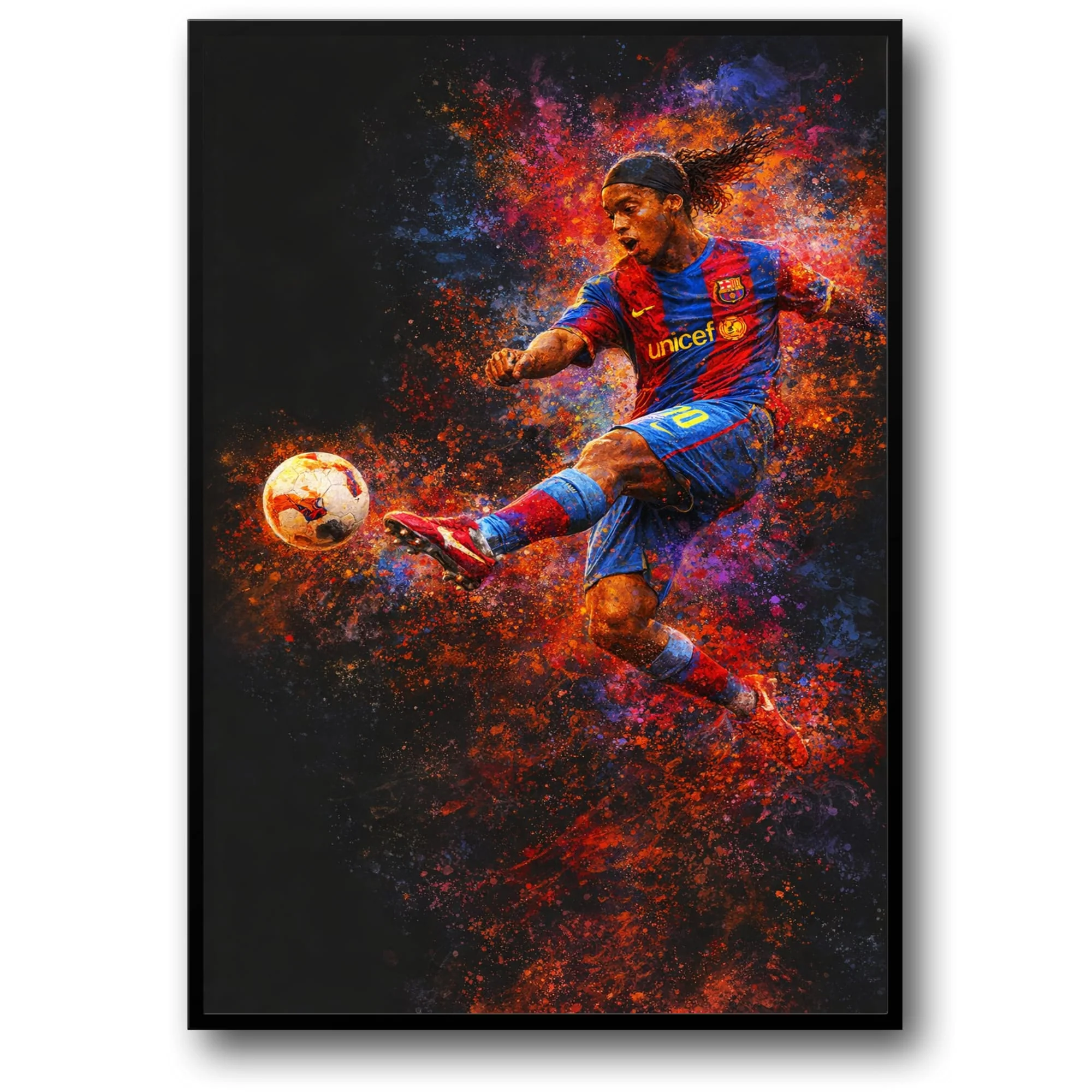Ronaldinho | Soccer Art Print | Vibrant Abstract Motion | Player in Striped Jersey | Creative Wall Decor | High-Quality Poster for Enthusiasts