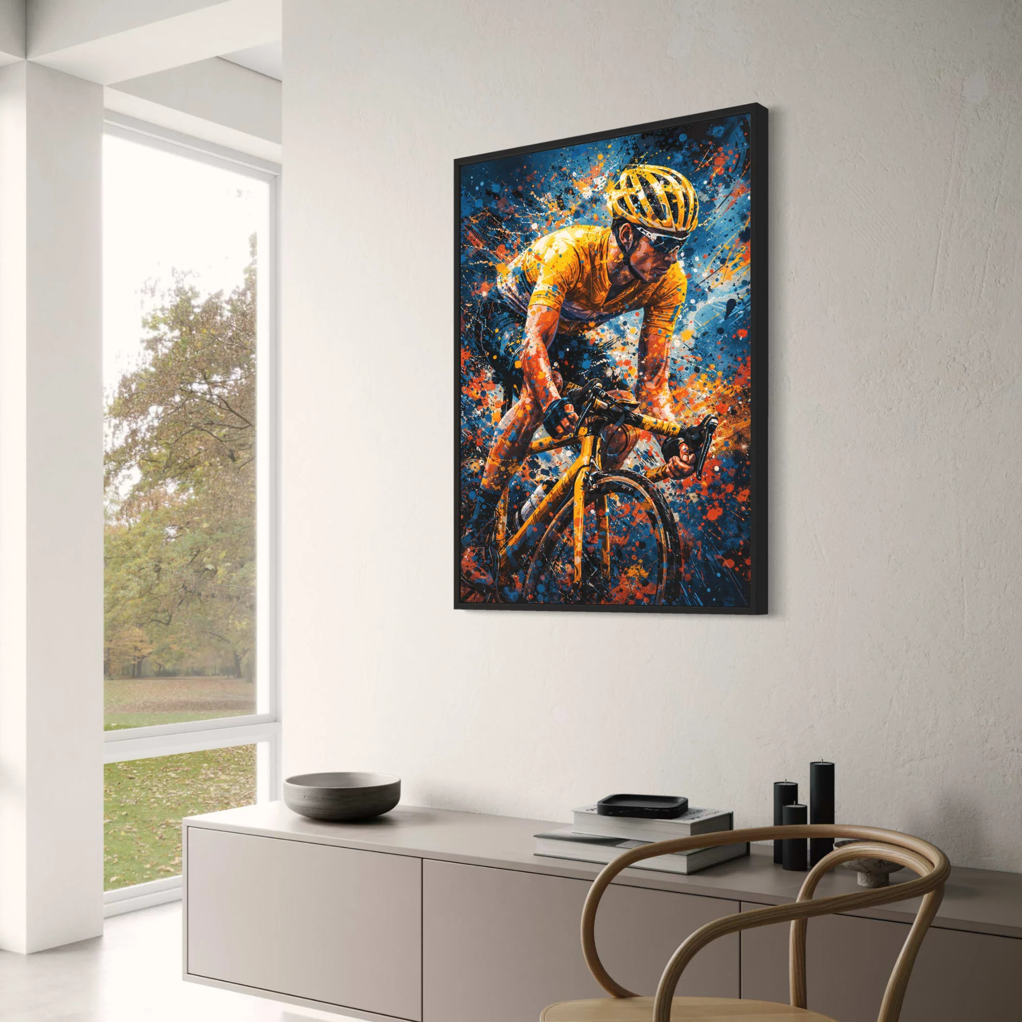 Sports Art | Intense Cyclist in Yellow Jersey | Blue & Orange Splashes | Energy & Motion | Motivational Poster Print - Image 3