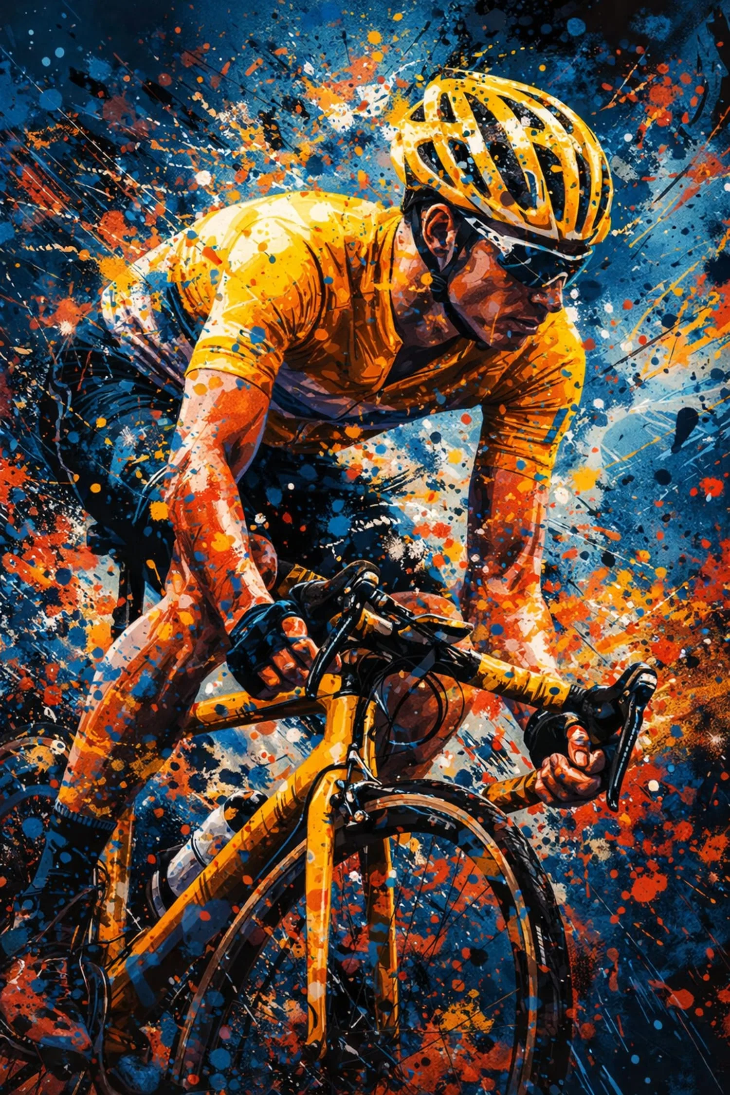 Sports Art | Intense Cyclist in Yellow Jersey | Blue & Orange Splashes | Energy & Motion | Motivational Poster Print - Image 4