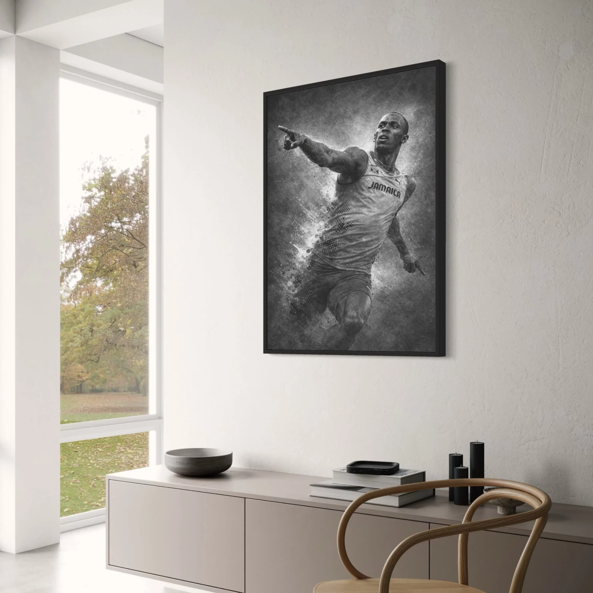 Usain Bolt | Sports Wall Art | Athlete in Jamaica Jersey | Artistic Grunge Style | Monochrome Print for Home, Office, Gym Decor | Energetic & Motivational Poster | Inspiring Athletic Art Print - Image 3