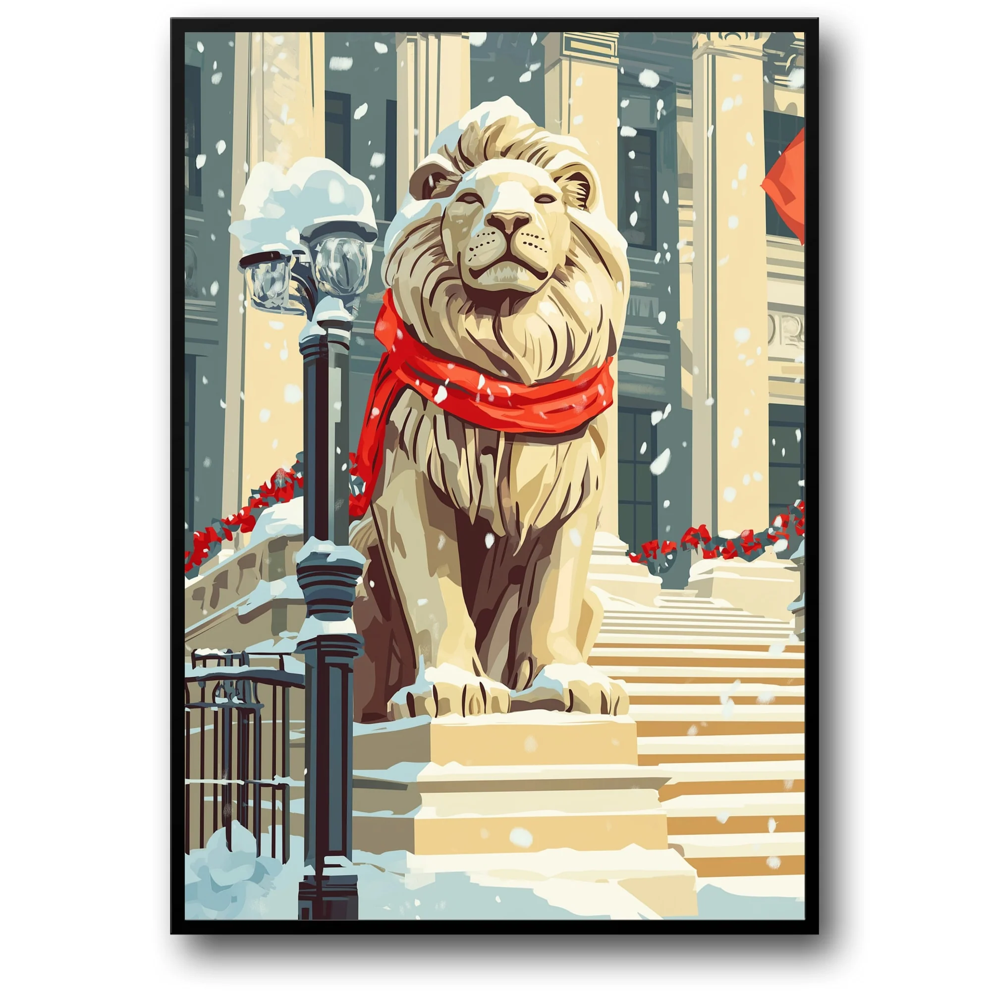 Regal Lion in Snow | Red Scarf Holiday